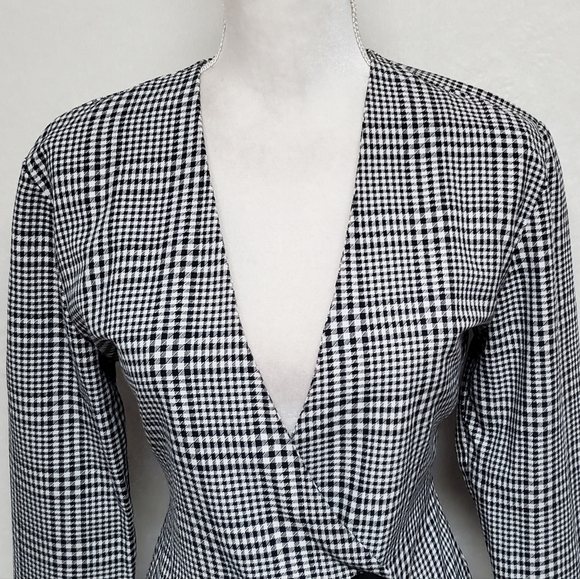 Vintage 80s GSL Black Houndstooth Double Breasted Collarless Blazer Jacket S - Picture 5 of 15